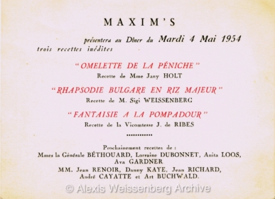 1954 Maxims Recipes: Rhapsodie Bulgare en Riz Majeur